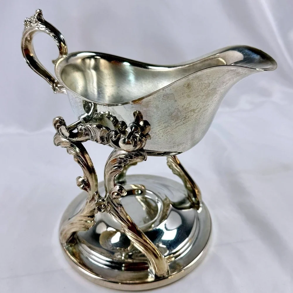 Vintage Ornate Silver Plate Tilting Gravy Boat w/ Rococo Scroll Stand Bridgerton